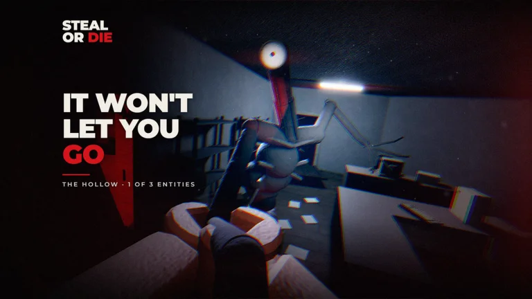 Official The Hollow artwork showing a bright-eyed long-limbed creature among office furniture